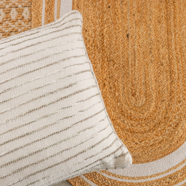 Thread OfficeThread Office Bone Striped Space Yarn Woven Scatter Cushion with Feather Blend Inner, 60cm x 60cm on a rug Bone Striped Space Yarn Woven Scatter Cushion with Feather Blend Inner, 60cm x 60cm on a couch