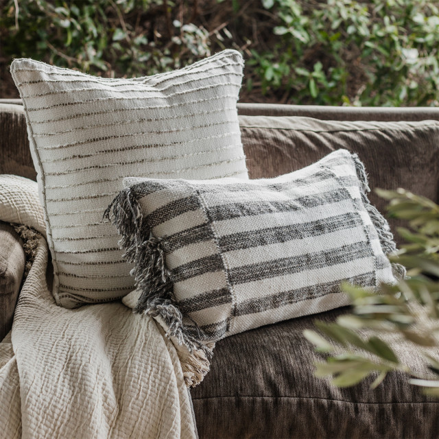 Thread Office Bone Striped Space Yarn Woven Scatter Cushion with Feather Blend Inner, 60cm x 60cm on a couch
