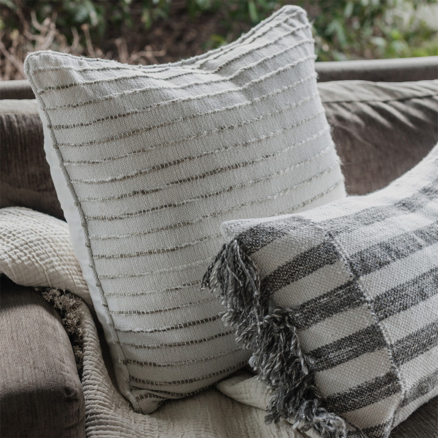 Thread Office Bone Striped Space Yarn Woven Scatter Cushion with Feather Blend Inner, 60cm x 60cm on a couch