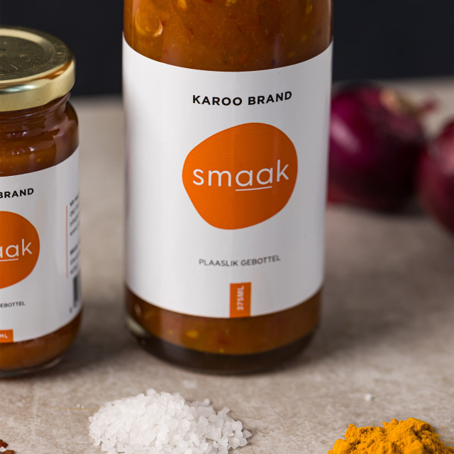 Smaak Karoo Brand Sweet Curry Relish - 375ml on the table