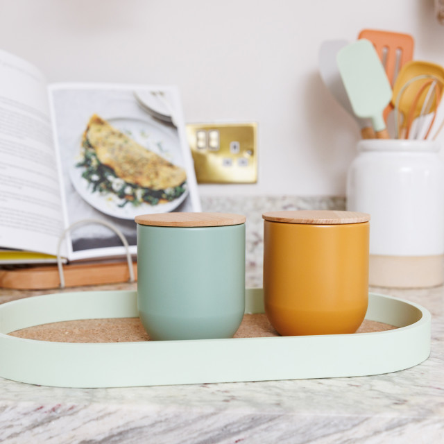 KitchenCraft Idilica Oval Tray with Cork Veneer Base with canisters