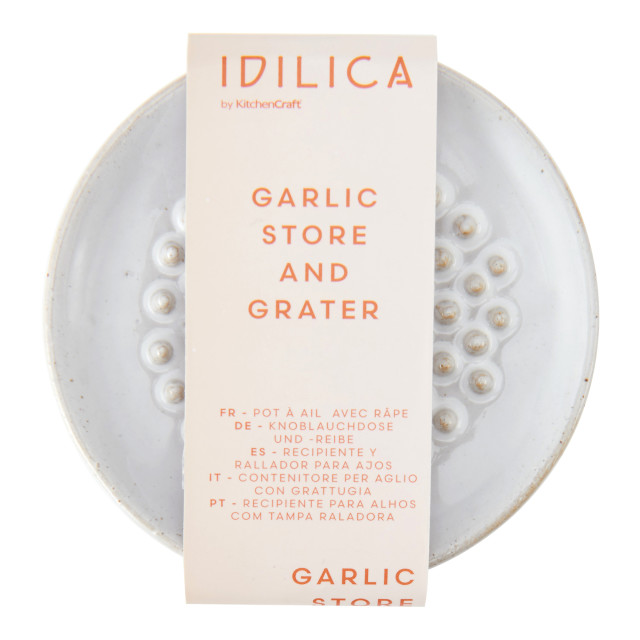 KitchenCraft Idilica Stoneware Garlic Storage Jar with a Grater Lid packaging angle