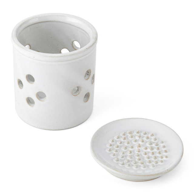 KitchenCraft Idilica Stoneware Garlic Storage Jar with a Grater Lid angle