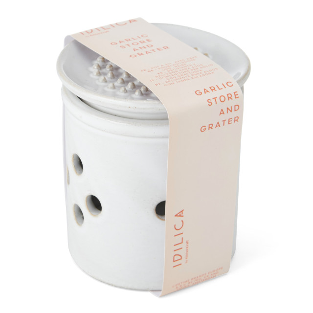 KitchenCraft Idilica Stoneware Garlic Storage Jar with a Grater Lid packaging