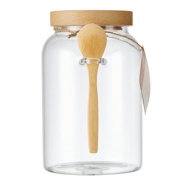 KitchenCraft Idilica Glass Storage Jar with Beechwood Lid and Bamboo Spoon angle
