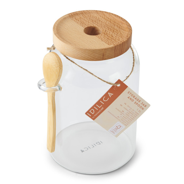 KitchenCraft Idilica Glass Storage Jar with Beechwood Lid and Bamboo Spoon angle