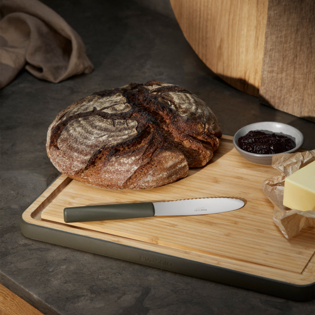 Eva Solo Green Tools Butter Knife, 20cm on a board with bread and butter