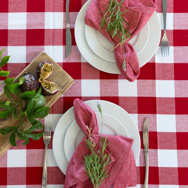 Linen House Revana Red Check Tablecloth with plates and napkins