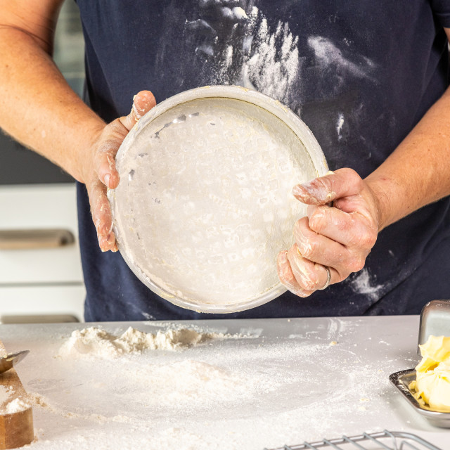 MasterClass Recycled Aluminium Loose Base Sandwich Pan, 20cm Being Filled with Pastry
