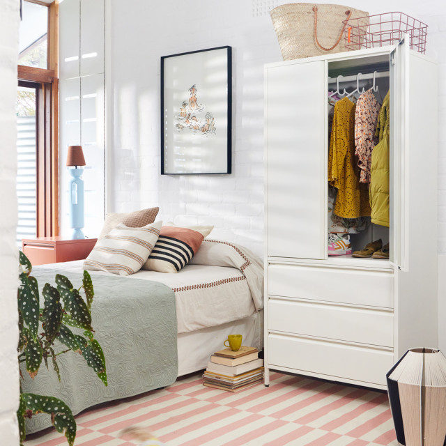 Popstrukt Bon Bon Double Locker - Soft White in the bedroom with hanged clothes