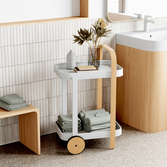 Umbra Bellwood Serving Cart - White & Natural In A Bathroom Setting