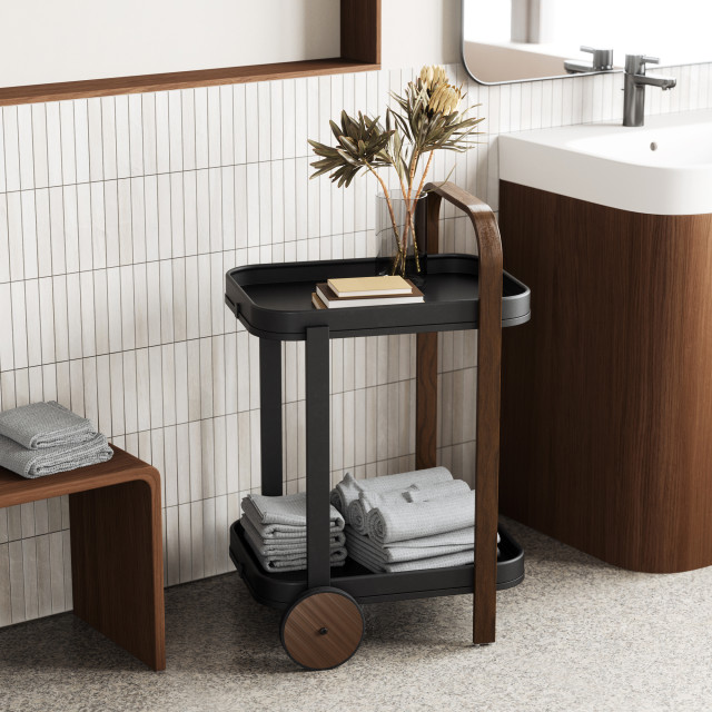 Umbra Bellwood Serving Cart - Black & Walnut In a Bathroom Setting
