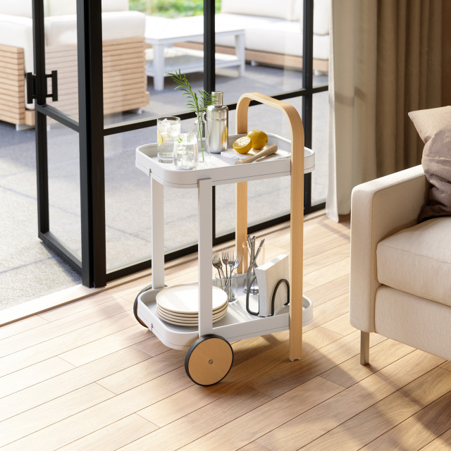 Umbra Bellwood Serving Cart - White & Natural In A living room setting