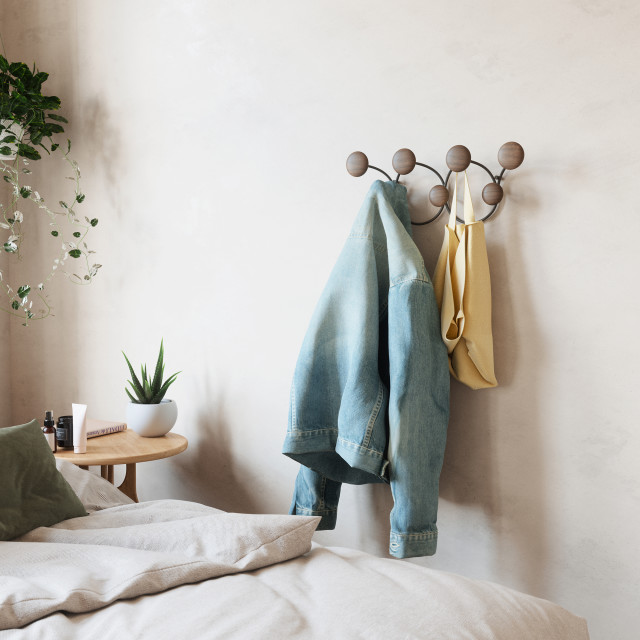 Umbra Dotsy 7 Hook - Black & Walnut In a Bedroom Setting