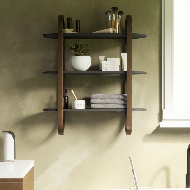 Umbra Bellwood Wall Shelf - Black & Walnut In A Bathroom Setting