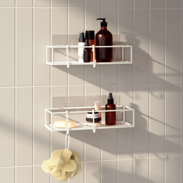 Umbra Cubiko Shower Bin, Set of 2 - White In A Bathroom Setting