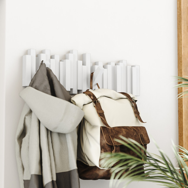 Umbra Sticks Multi Hook - White with a bag and a coat