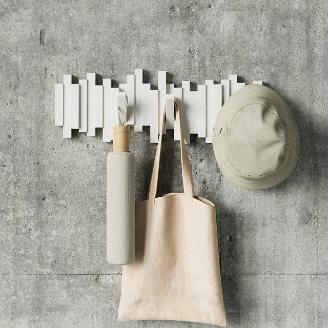 Umbra Sticks Multi Hook - White with an umbrella and a bag