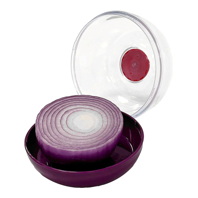 Creative Cooking Onion Saver angle with an onion