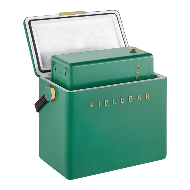 Fieldbar Gin Trunk - Parisian Green showing scale with a 10L Fieldbar cooler box