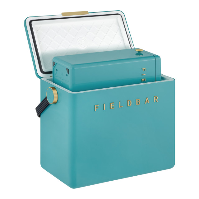 Fieldbar Gin Trunk - Bazaruto Blue showing scale with a 10L Fieldbar cooler box