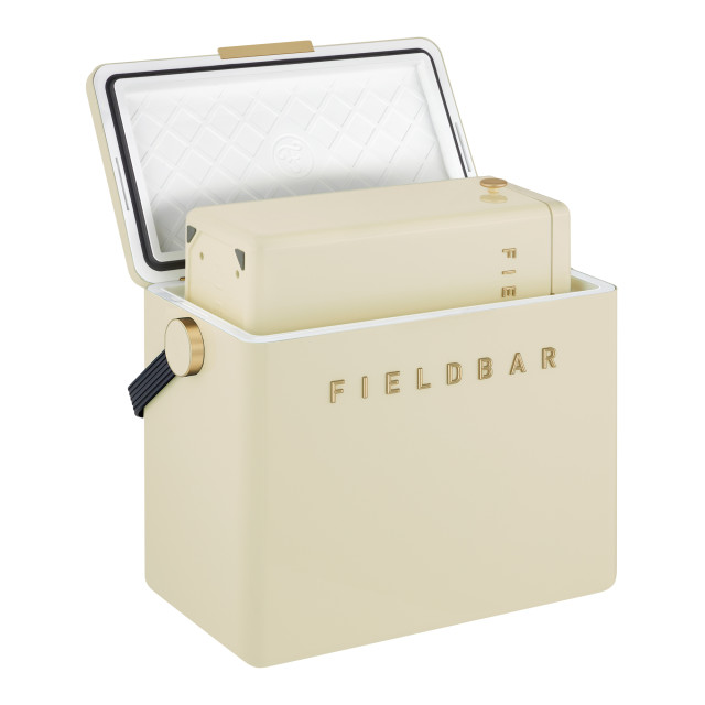 Fieldbar Gin Trunk - Safari White showing scale with a 10L Fieldbar cooler box
