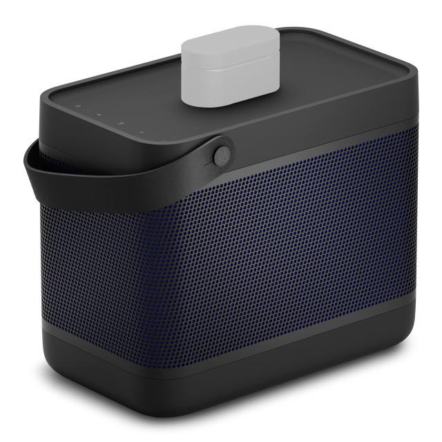 Bang & Olufsen Beolit 20 Bluetooth Speaker - Black Anthracite angle with earbuds case charging
