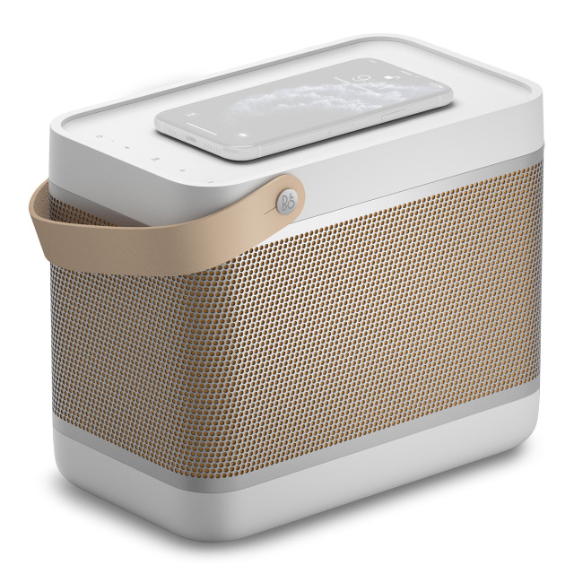Bang & Olufsen Beolit 20 Bluetooth Speaker - Grey Mist angle with phone charging