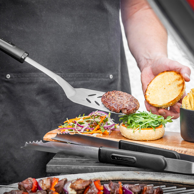 MasterClass BBQ Tongs & Turner, Set of 2 with a burger