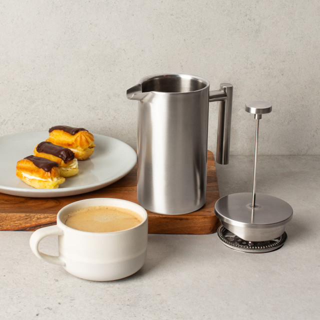 Yuppiechef Stainless Steel French Press - 350ml open with coffee cup and snacks