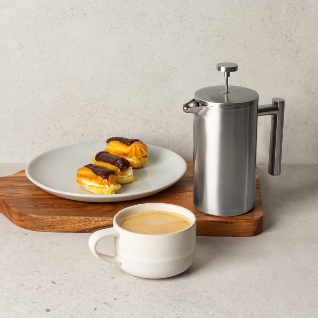 Yuppiechef Stainless Steel French Press - 350ml closed with coffee cup and snacks