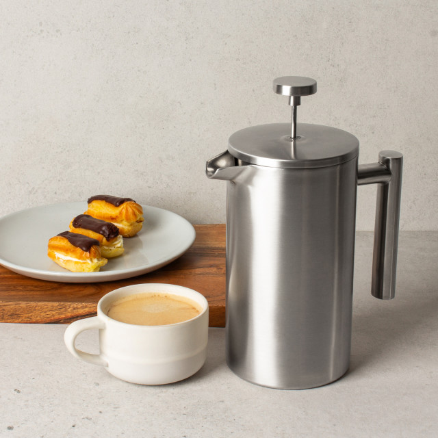 Yuppiechef Stainless Steel French Press - 1L closed with coffee cup and snacks