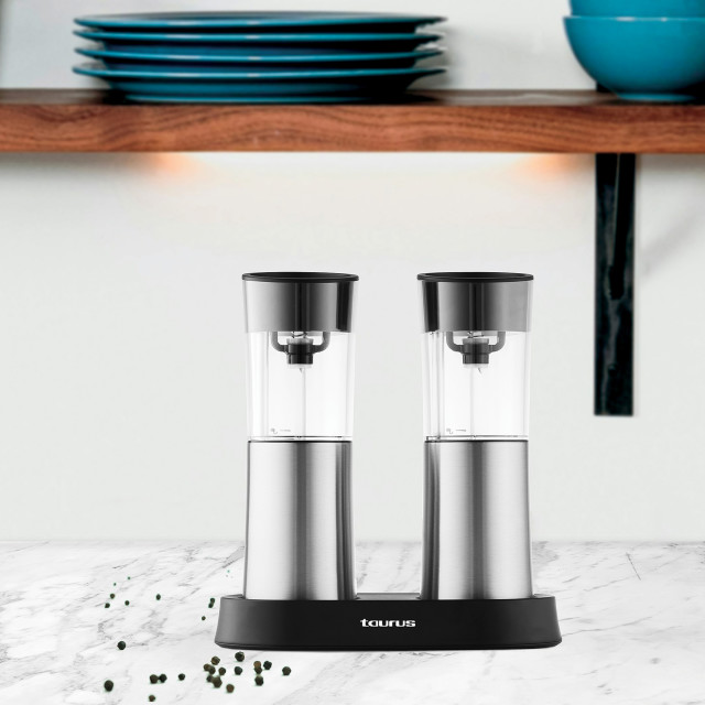 Taurus SpiceSync Stainless Steel Salt and Pepper Grinders, Set of 2 on the kitchen counter