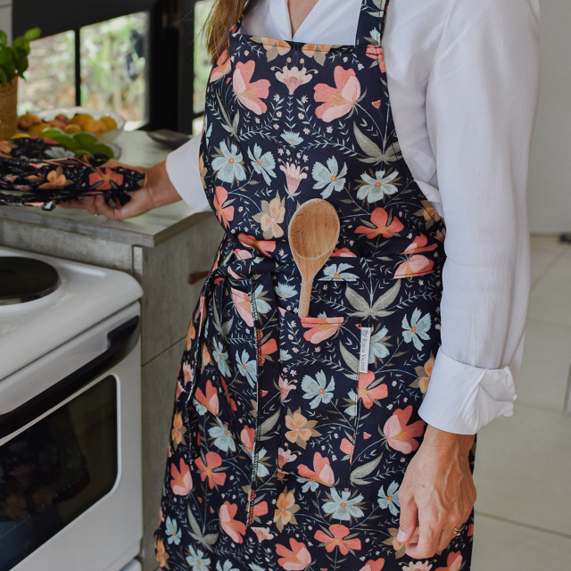 DSA Robyn Valerie Cosmos Full Bib Apron worn in the kitchen