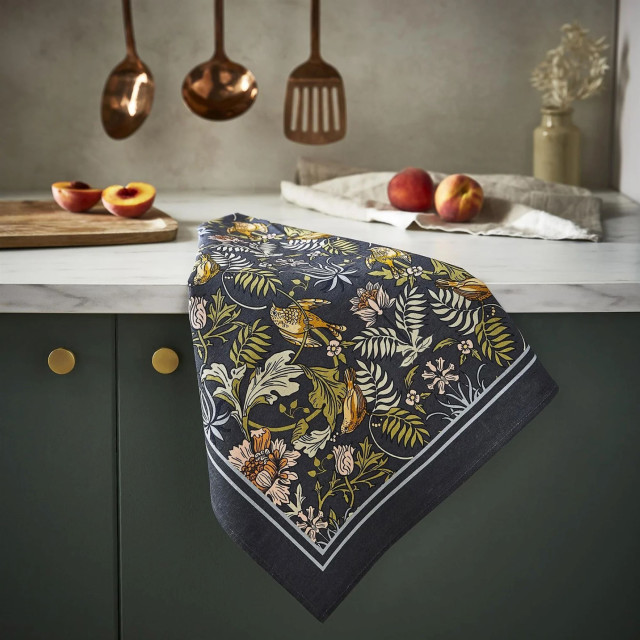 Ulster Weavers Cotton Finch and Flower Tea Towel on the kitchen counter