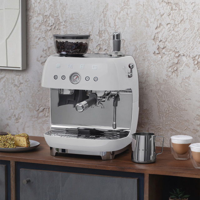 Smeg Retro Manual Espresso Coffee Machine with Grinder - White on the table