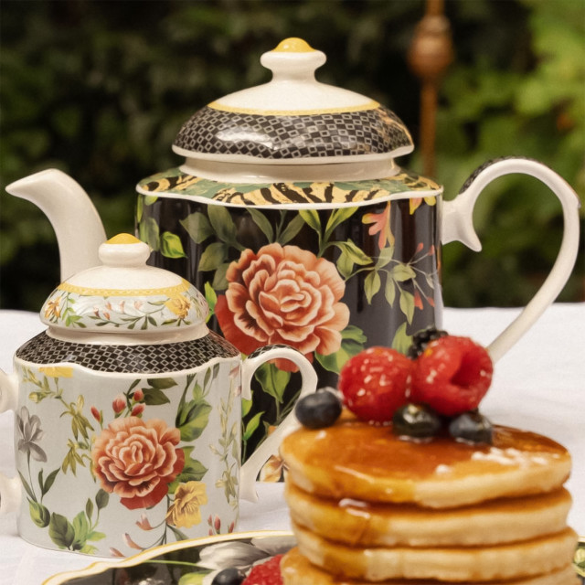 Jenna Clifford Botanica Rose Teapot, 1.2L on the table with a Botanical Rose Sugar Pot