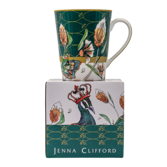 Jenna Clifford Peacock Coffee Mug, 350ml packaging with a mug