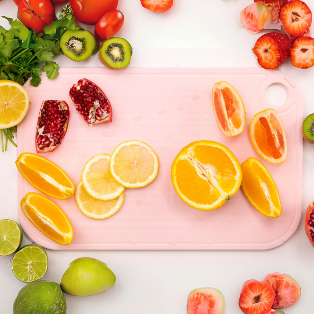 Zuutii Double-Sided Chopping Board - Sakura Pink with fruits