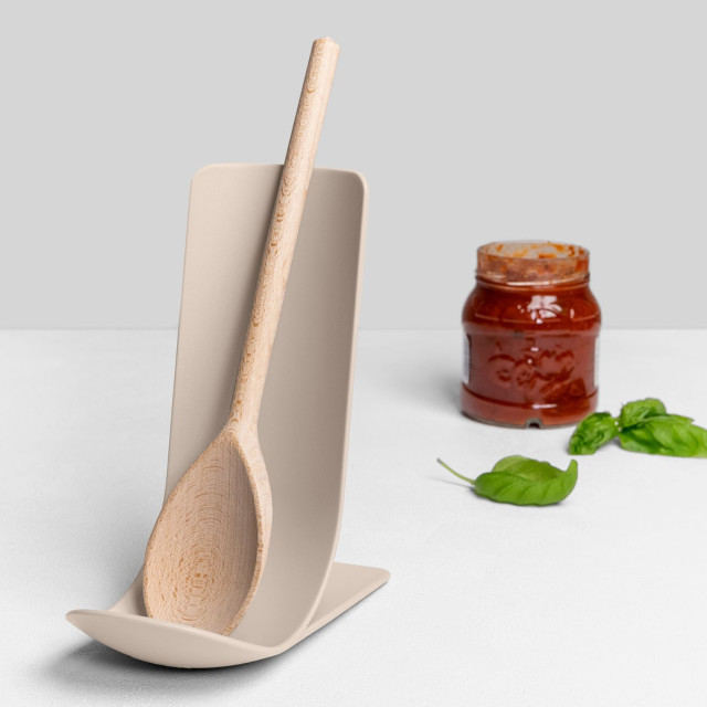 Blim Plus Stand Ladle Rest - Moka Grey with a wooden spoon