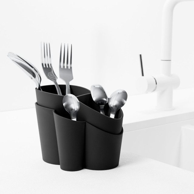 Blim Plus Gocciolo Cutlery Drainer - Carbon Black on the kitchen counter