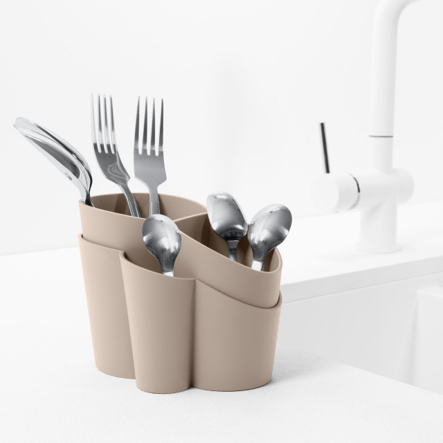 Blim Plus Gocciolo Cutlery Drainer - Moka Grey on the kitchen counter