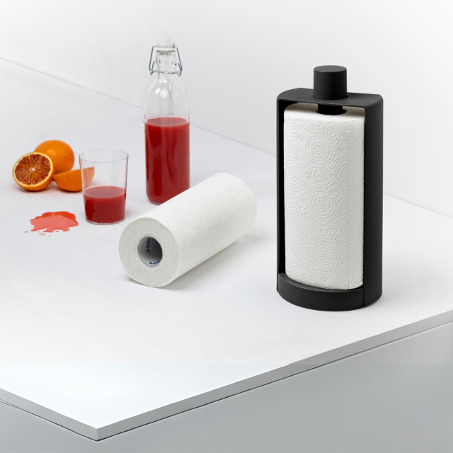 Blim Plus Stop Roll Holder - Carbon Black on the kitchen counter