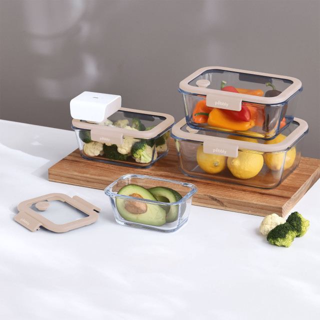 Pebbly Rectangular Glass Canister and Vacuum Cap - 460ml on the able with other sizes