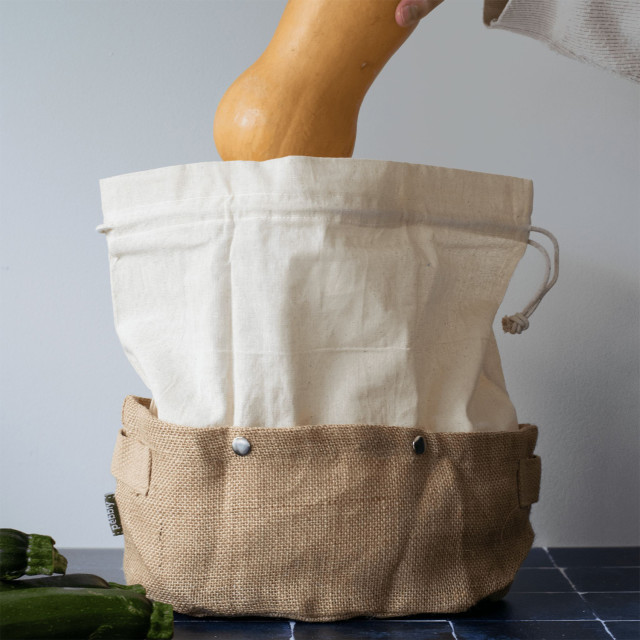 Pebbly Cotton Bag and Jute Storage Basket - Large on the table with butternut