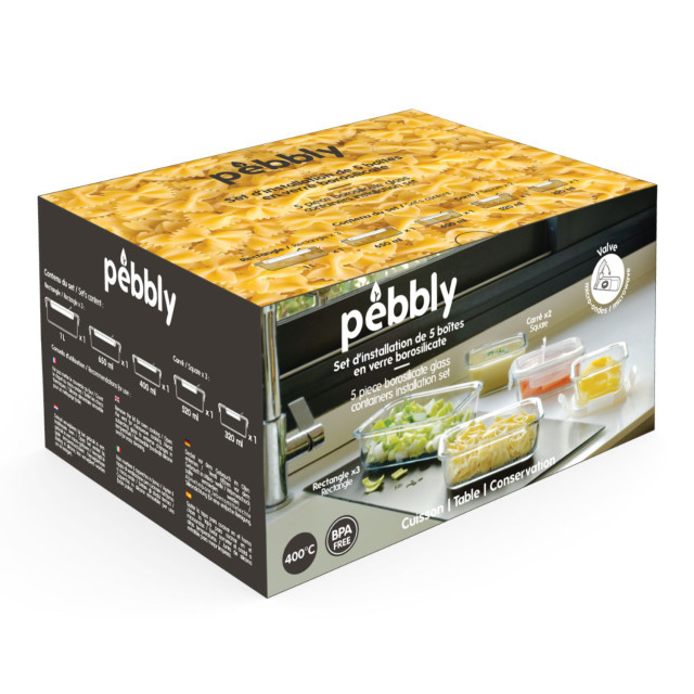 Pebbly Glass Food Containers, Set of 5 packaging