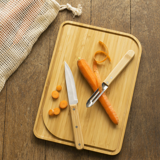 Pebbly Chef Prep Kit, Set of 3 on the table with a peeled carrot