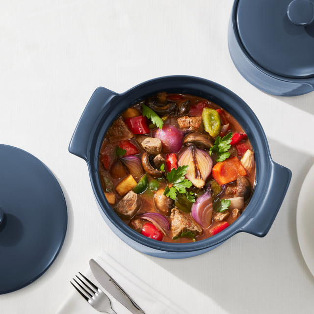 Maxwell & Williams Indulgence Round Casserole, 3L - Slate Blue on table