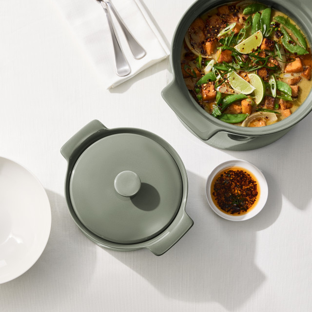 Maxwell & Williams Indulgence Round Casserole, 1.3L - Sage on table
