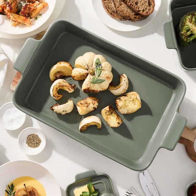 Maxwell & Williams Indulgence Lasagne Dish, 36cm - Sage on table with pumpkin